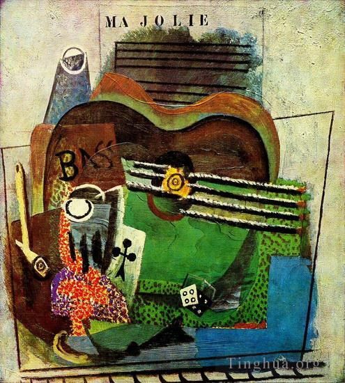 Pablo Picasso Peinture à l'huile - Pipe verre as de trefle bouteille de Bass guitare de Ma Jolie 1914