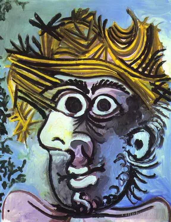 Pablo Picasso Peinture à l'huile - Tête d'homme au chapeau de paille 1971