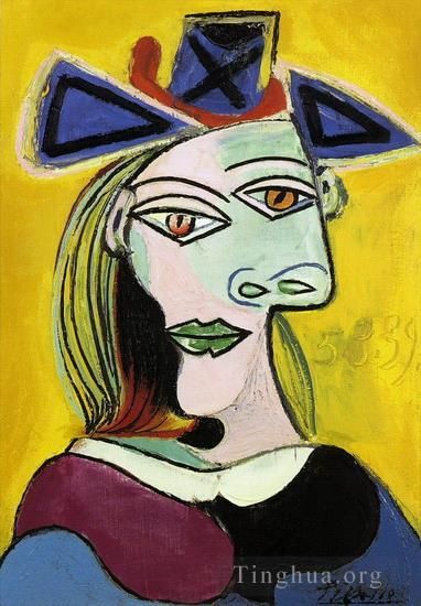 Pablo Picasso Peinture à l'huile - Tête de femme au chapeau bleu à ruban rouge 1939