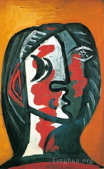 Pablo Picasso Peinture à l'huile - Tête de femme en gris et rouge sur fond ocre 1926