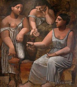 Peinture à l'huile contemporaine - Trois femmes à la fontaine 1921