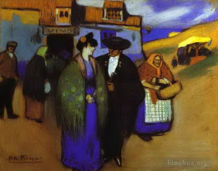 Pablo Picasso Types de peintures - Un couple espagnol devant une auberge 1900
