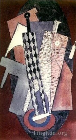 Pablo Picasso Types de peintures - Arlequin tenant une bouteille et femme 1915