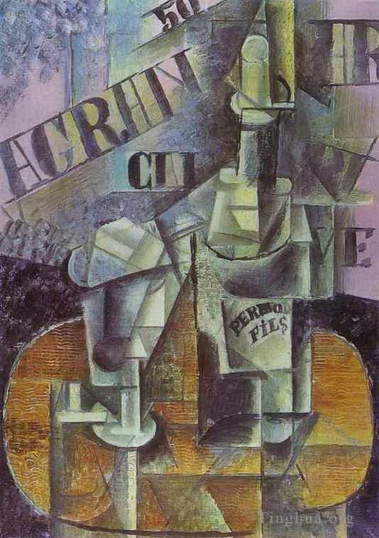 Pablo Picasso Types de peintures - Bouteille de Pernod Table dans un Café 1912