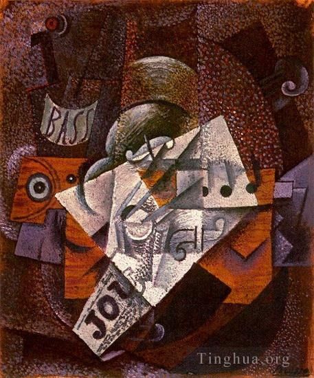 Pablo Picasso Types de peintures - Bouteille clarinette violon journal verre 1913