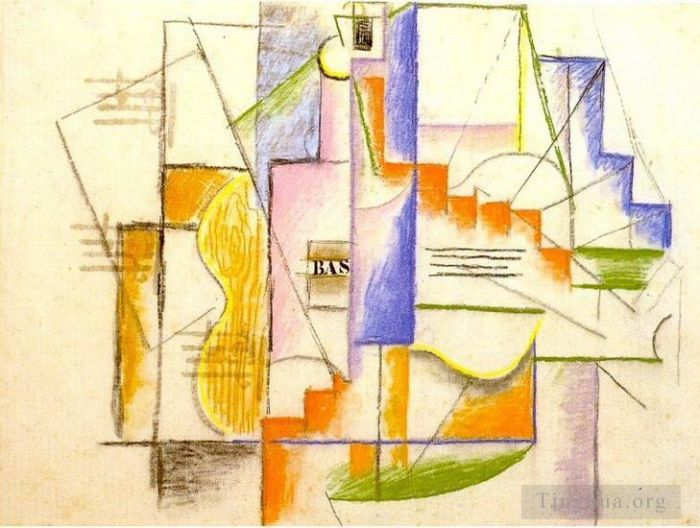 Pablo Picasso Types de peintures - Bouteille de basse et guitare 1912