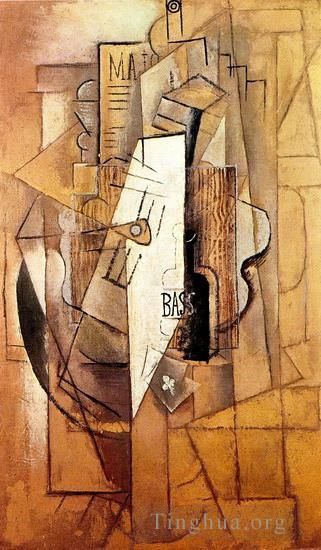 Pablo Picasso Types de peintures - Bouteille de Guitare Basse comme de trefle 1912