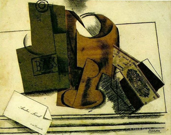 Pablo Picasso Types de peintures - Bouteille de Bass verre paquet de tabac carte de visite 1913