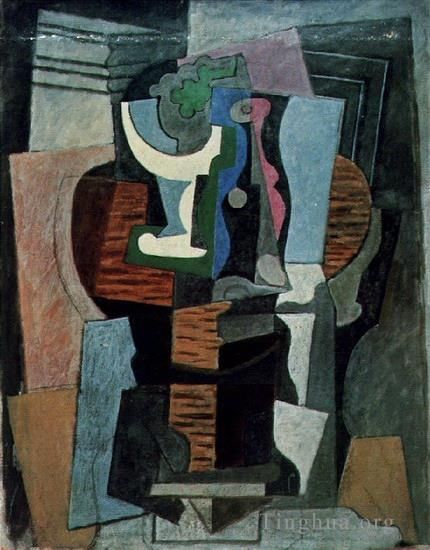 Pablo Picasso Types de peintures - Compotier et bouteille sur une table 1920
