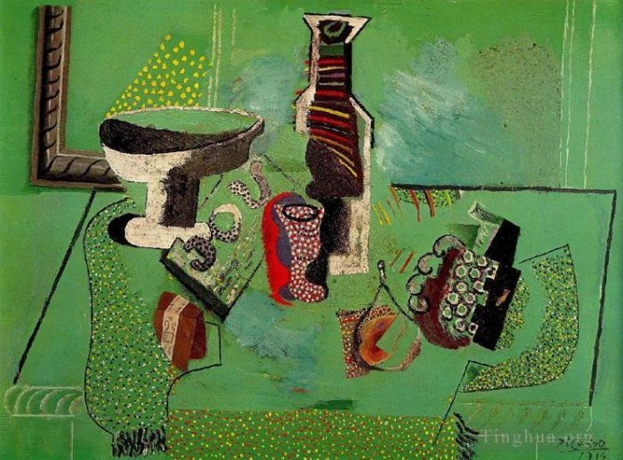 Pablo Picasso Types de peintures - Compotier verre bouteille fruits Nature morte verte 1914