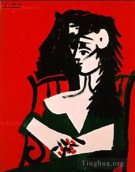 Pablo Picasso Types de peintures - Femme à la mantille sur fond rouge I 1959