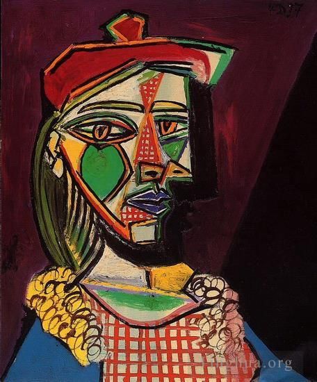 Pablo Picasso Types de peintures - Femme au béret et à la robe à carreaux Marie Thérèse Walter 1937