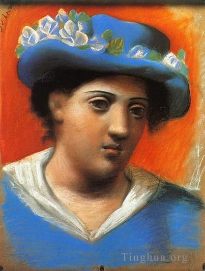 Pablo Picasso Types de peintures - Femme au chapeau bleu à fleurs 1921