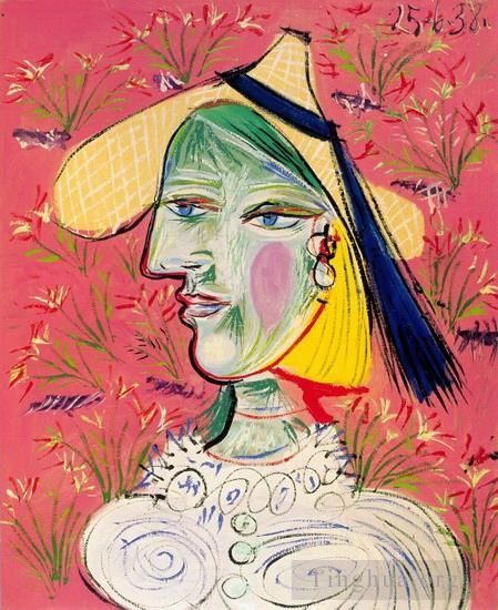 Pablo Picasso Types de peintures - Femme au chapeau de paille sur fond fleuri 1938