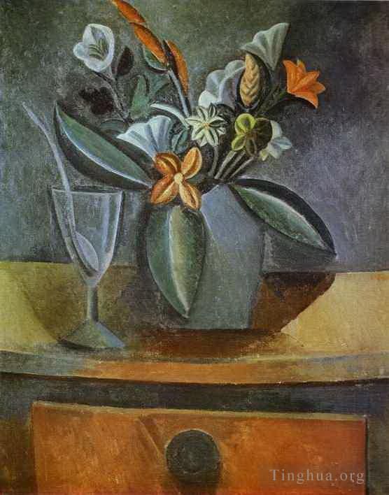 Pablo Picasso Types de peintures - Fleurs dans une cruche grise et un verre à vin avec une cuillère 1908