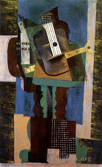 Pablo Picasso Types de peintures - Guitare clarinette et bouteille sur une table 1916