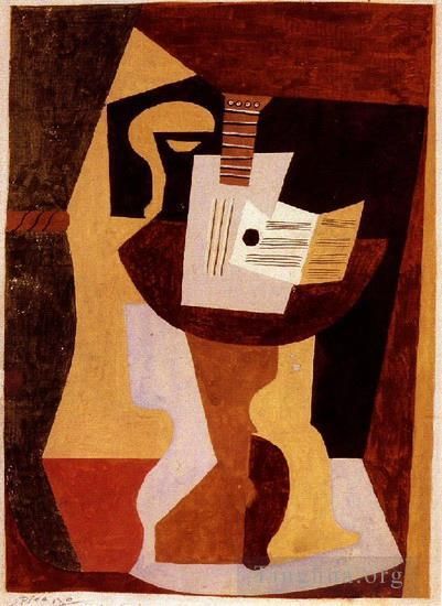 Pablo Picasso Types de peintures - Guitare et partition sur un guéridon 1920