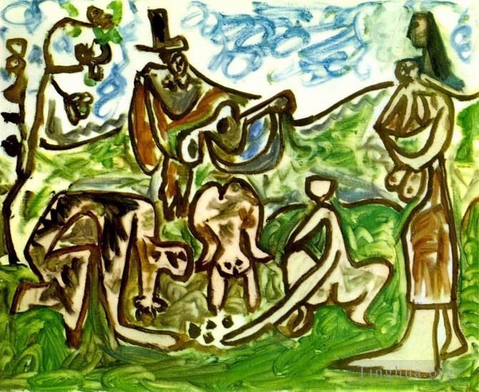 Pablo Picasso Types de peintures - Guitariste et personnages dans un paysage I 1960
