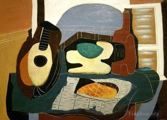 Pablo Picasso Types de peintures - Mandoline panier de fruits bouteille et pâtisserie 1924