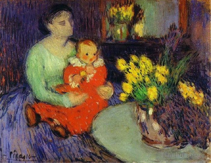 Pablo Picasso Types de peintures - Mère et enfant devant un vase de fleurs 1901
