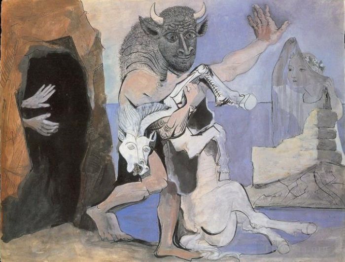 Pablo Picasso Types de peintures - Minotaure et jument morte devant une grotte face à une fille au voile 1936
