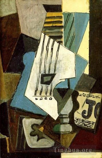 Pablo Picasso Types de peintures - Nature morte Guitare journal verre et as de trefle 1914