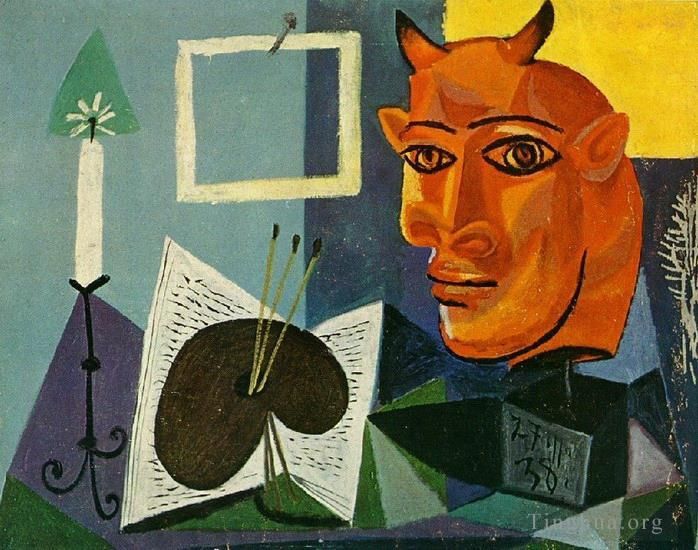 Pablo Picasso Types de peintures - Nature morte à la bougie palette et Tête de minotaure rouge 1938