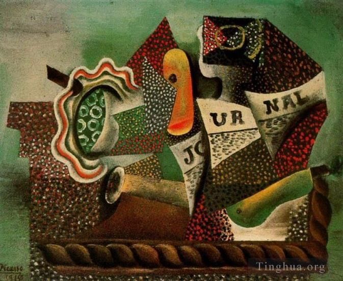 Pablo Picasso Types de peintures - Nature morte avec fruits verre et journal 1914