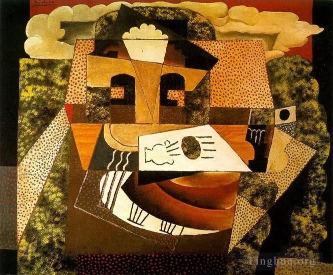 Pablo Picasso Types de peintures - Nature morte dans un paysage Compotier avec fruits mandoline verre sur une table dans un paysage 1915