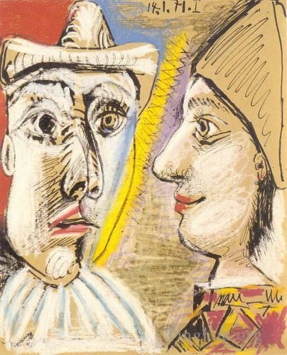 Pablo Picasso Types de peintures - Pierrot et arlequin de profil 1971
