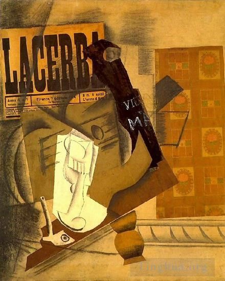 Pablo Picasso Types de peintures - Pipe verre journal guitare bouteille de vieux marc Lacerba 1914