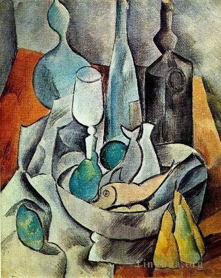 Pablo Picasso Types de peintures - Poissons et bouteilles 1908