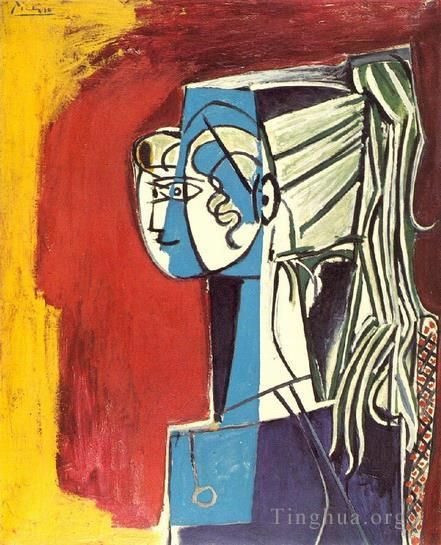 Pablo Picasso Types de peintures - Portrait de Sylvette David 2sur fond rouge 1954