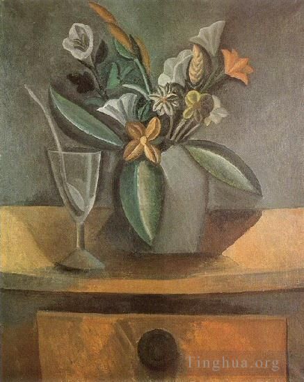 Pablo Picasso Types de peintures - Vase de fleurs verre de vin et cuillere 1908