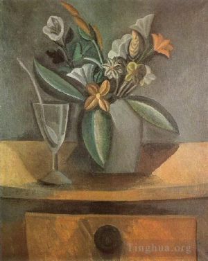 Tous les types de peintures contemporaines - Vase de fleurs verre de vin et cuillere 1908