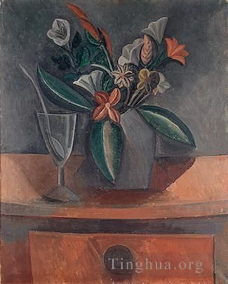 Pablo Picasso Types de peintures - Vase de fleurs verre de vin et cuillère 1908