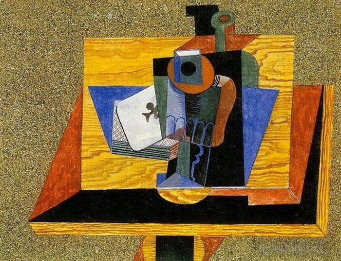 Pablo Picasso Types de peintures - Verre as de trefle bouteille sur une table 1915