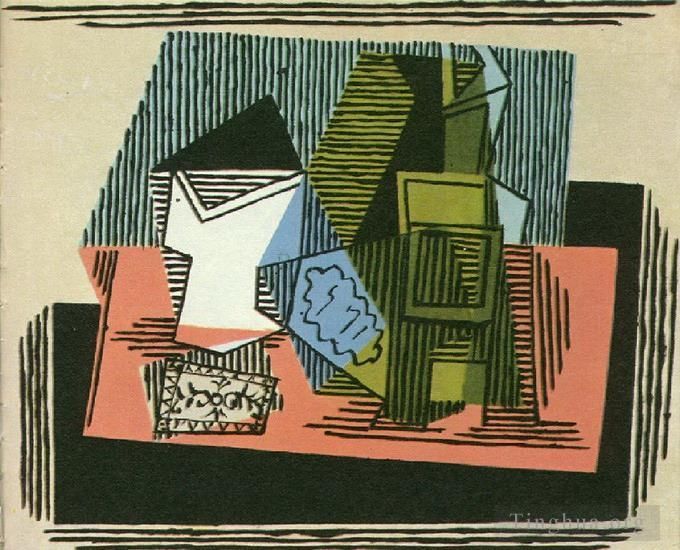 Pablo Picasso Types de peintures - Verre bouteille et paquet de tabac 1922