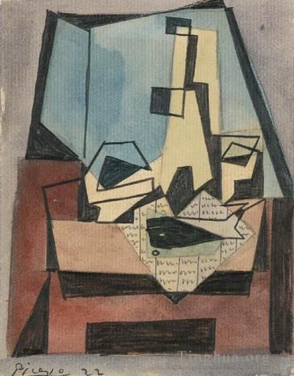 Pablo Picasso Types de peintures - Verre bouteille poisson sur un journal 1922