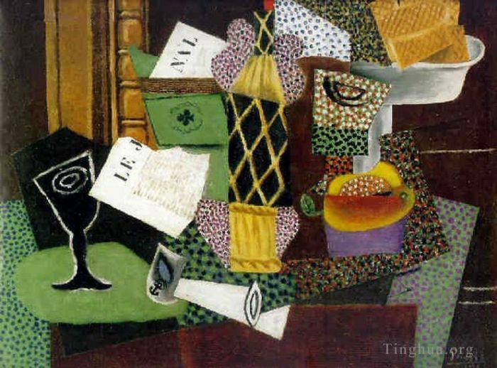 Pablo Picasso Types de peintures - Verre et bouteille de rhum empaillée 1914