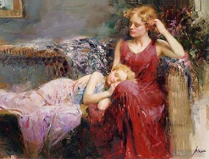 Pino Daeni Peinture à l'huile - L'amour d'une mère