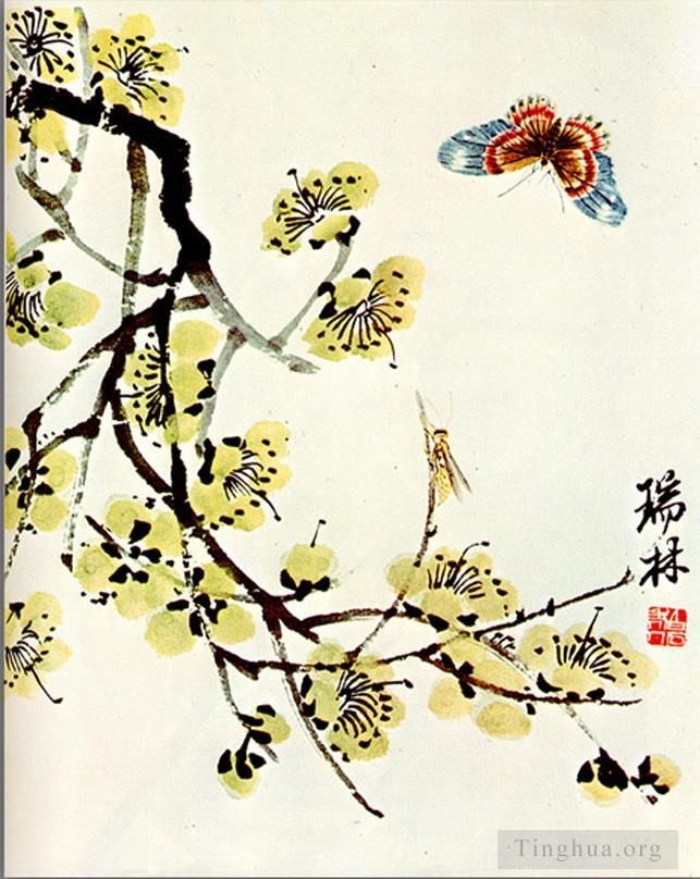 QI Baishi Art Chinois - Papillon et plu fleuri