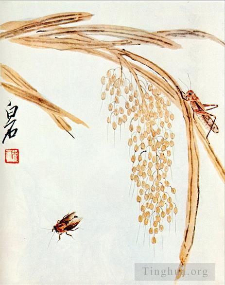 QI Baishi Art Chinois - Fouetter le riz et les sauterelles