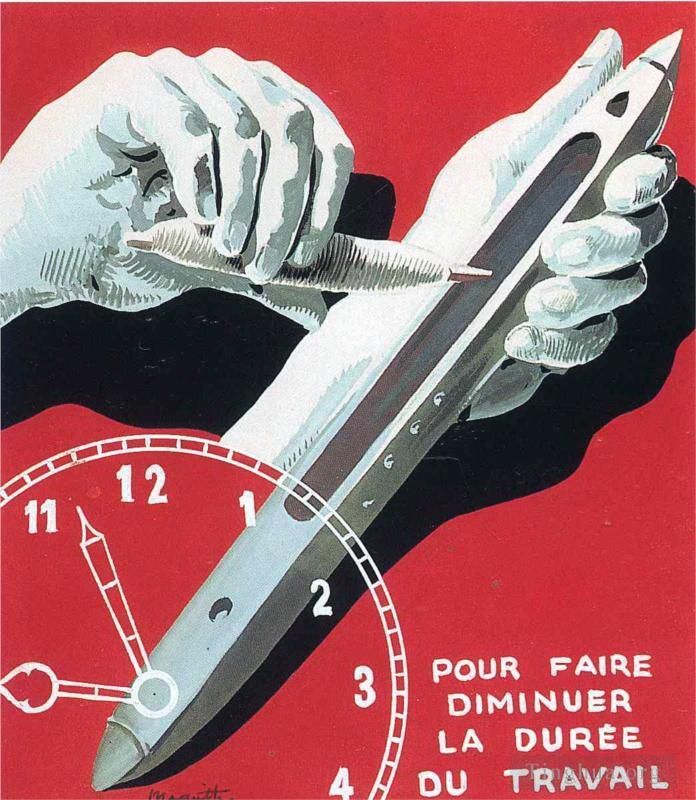 René François Ghislain Magritte Types de peintures - Projet d'affiche du centre des ouvriers du textile en Belgique pour réduire les heures de travail 1938