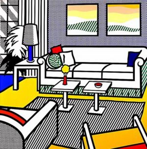 Roy Fox Lichtenstein œuvre - Intérieur avec peintures reposantes 1991