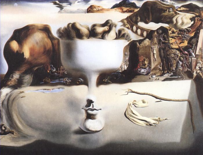 Salvador Dalí Peinture à l'huile - Apparition d'un visage et d'un plat de fruits sur une plage