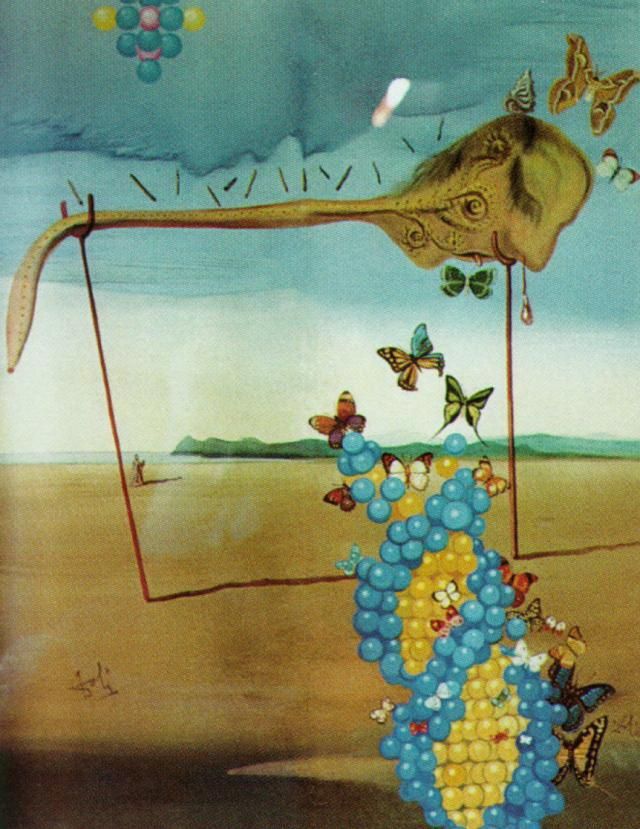 Salvador Dalí Peinture à l'huile - Paysage de papillons Le grand masturbateur dans un paysage surréaliste avec de l'ADN
