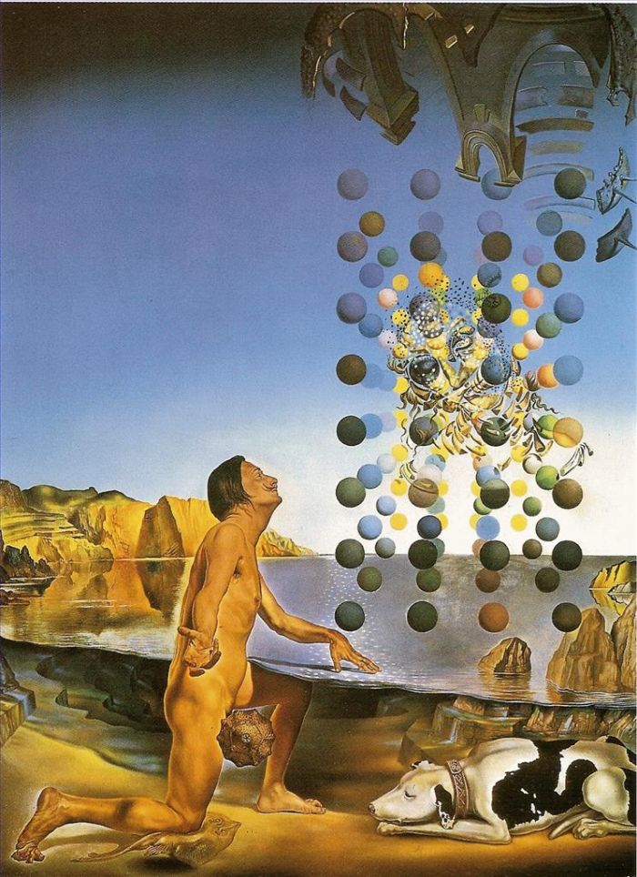 Salvador Dalí Peinture à l'huile - Dali nue en contemplation devant les cinq corps réguliers