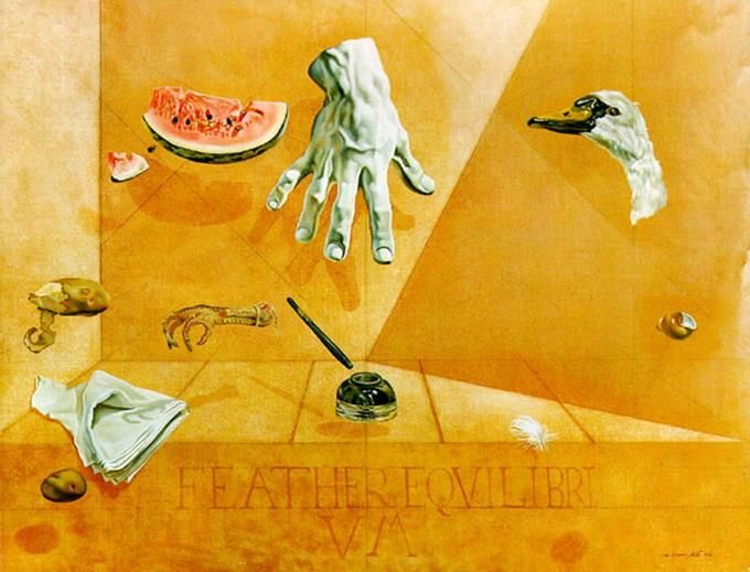 Salvador Dalí Peinture à l'huile - Équilibre des plumes Équilibre interatomique d’une plume de cygne