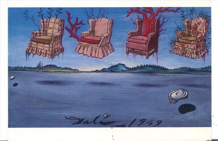 Salvador Dalí Peinture à l'huile - Quatre fauteuils dans le ciel